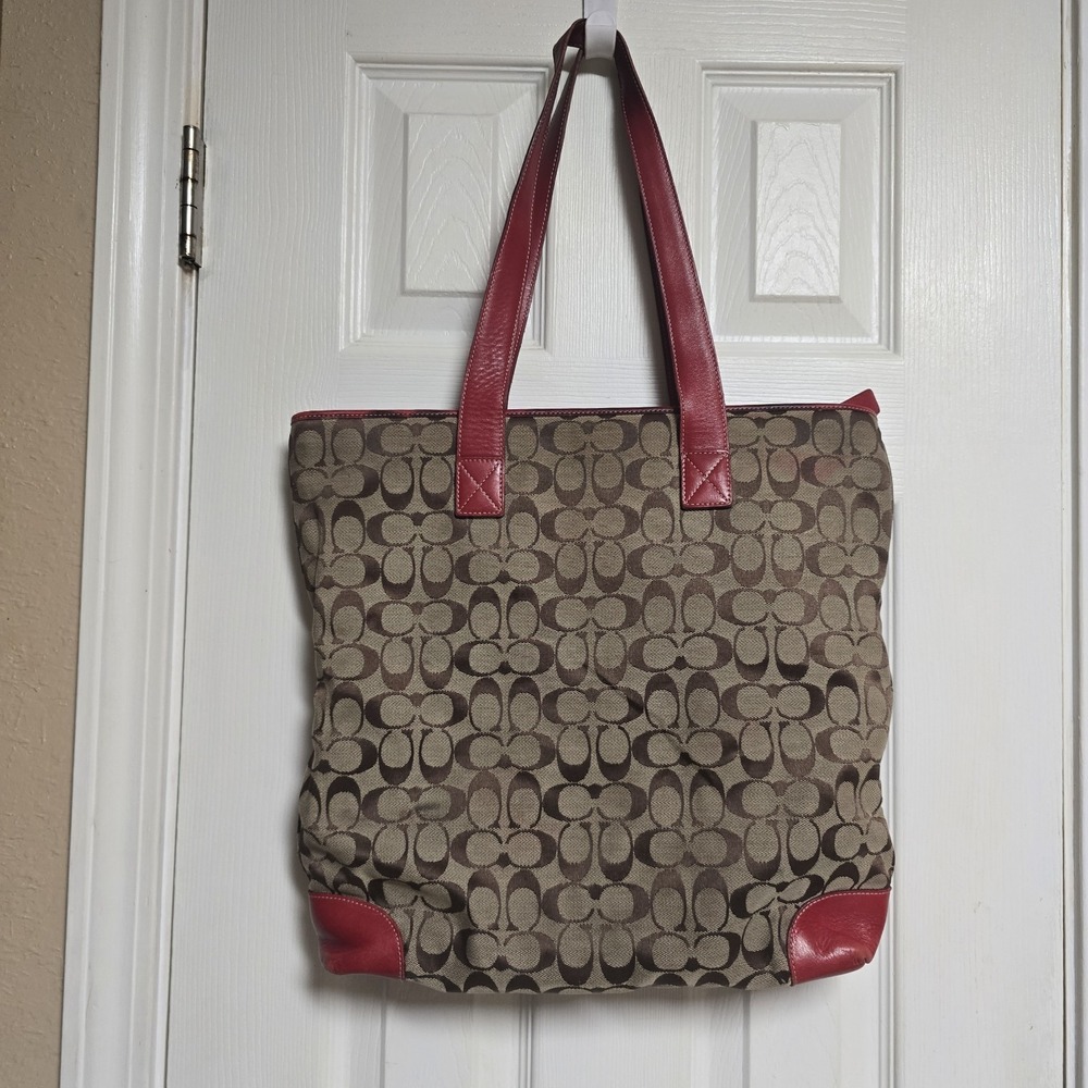 Vintage Coach 6071 Signature Jacquard Tote Khaki Red Leather Y2K 2001
